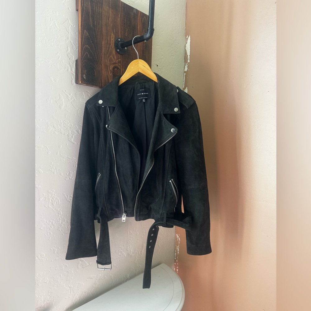 Lucky Brand Dark Green Suede Belted Moto Jacket